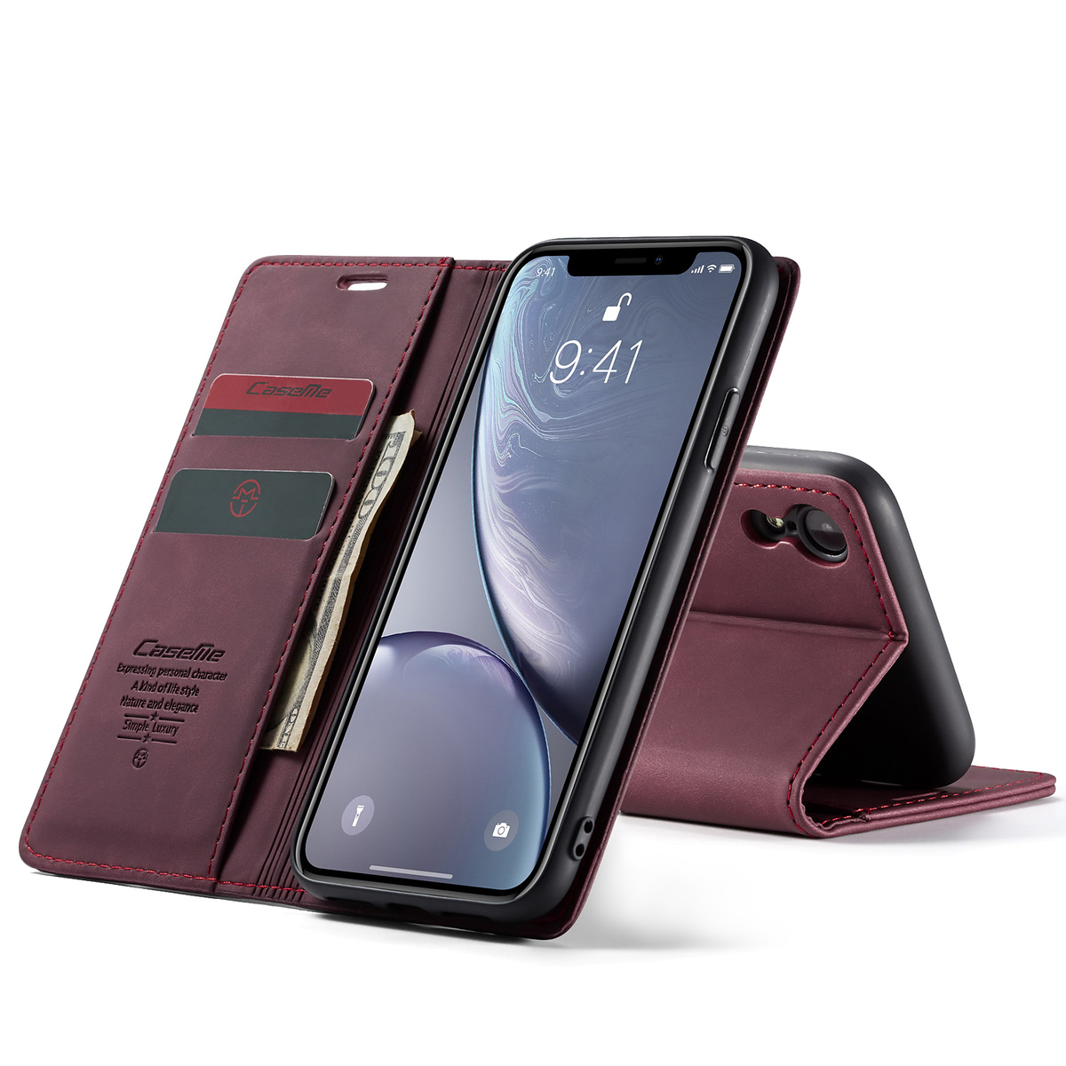 CaseMe plånboksfodral med ställ till iPhone XR, vinröd