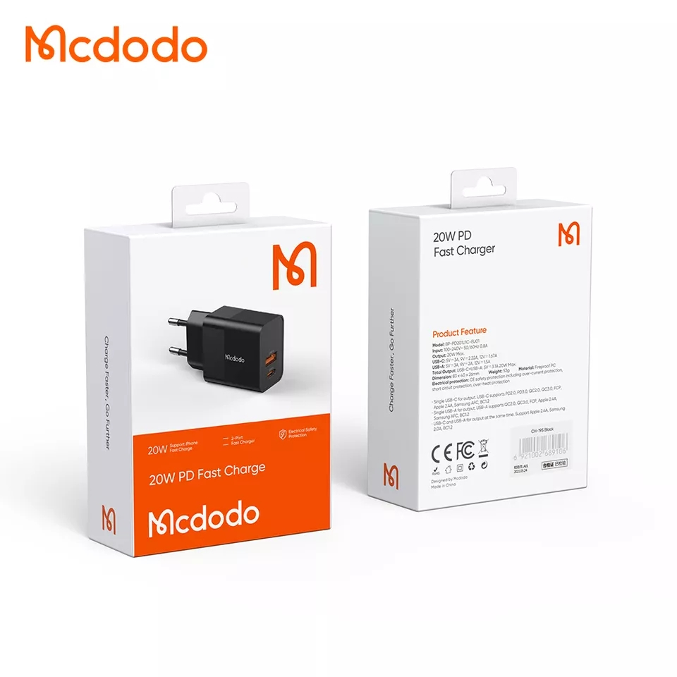 McDodo CH-1951 USB+USB-C väggladdare, 20W, svart