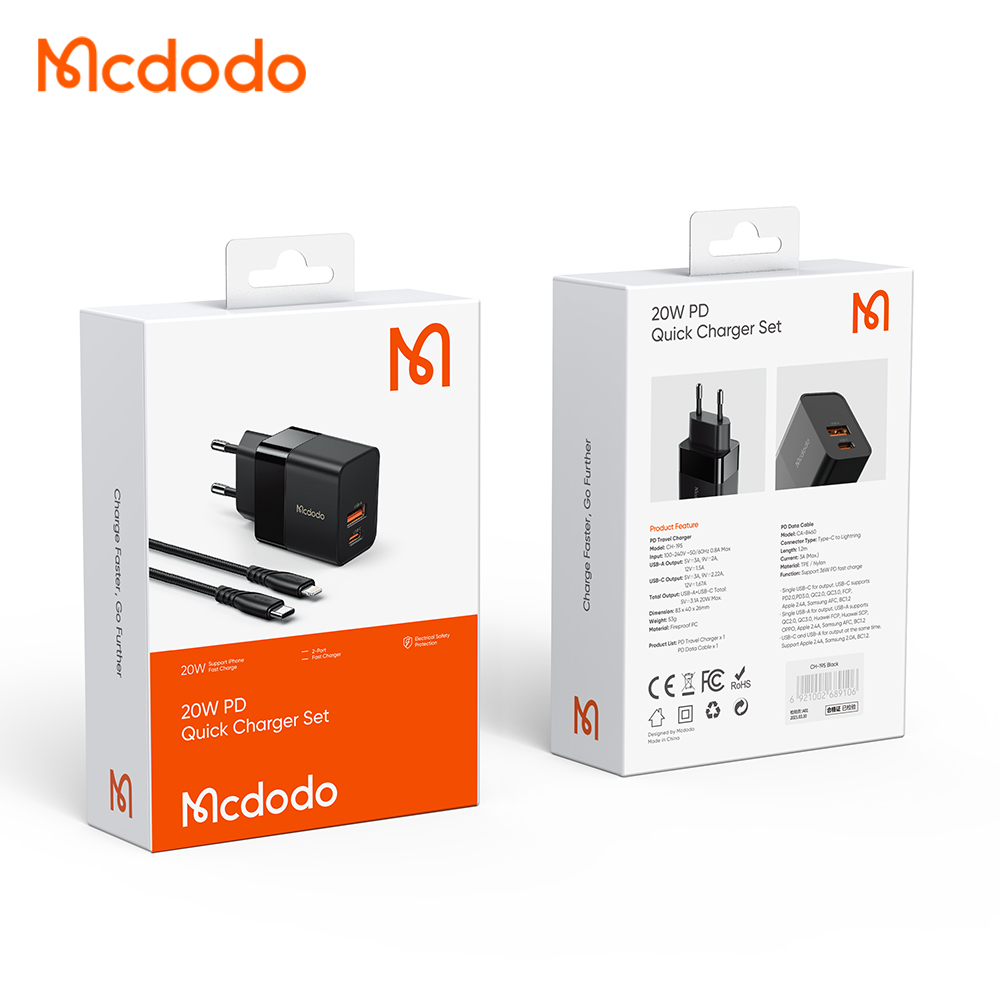 McDodo CH-1952 USB+USB-C väggladdare med kabel, PD, 20W, 1.2m