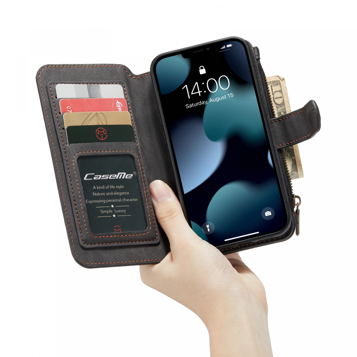 CaseMe läderfodral med magnetskal, iPhone 13, svart