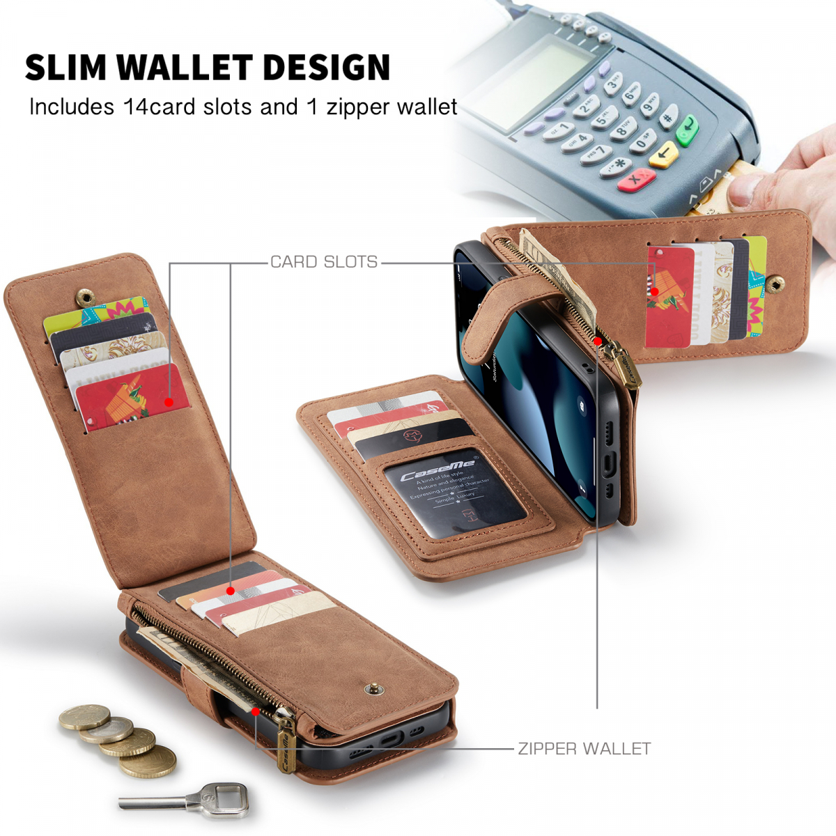 CaseMe läderfodral med magnetskal, iPhone 13, brun