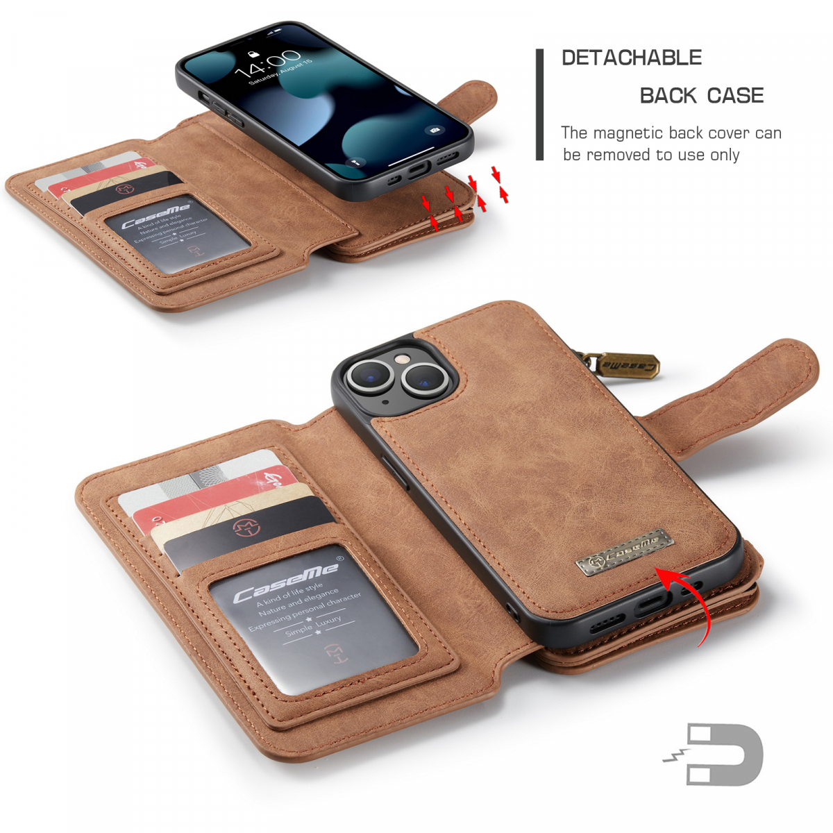 CaseMe läderfodral med magnetskal, iPhone 13, brun