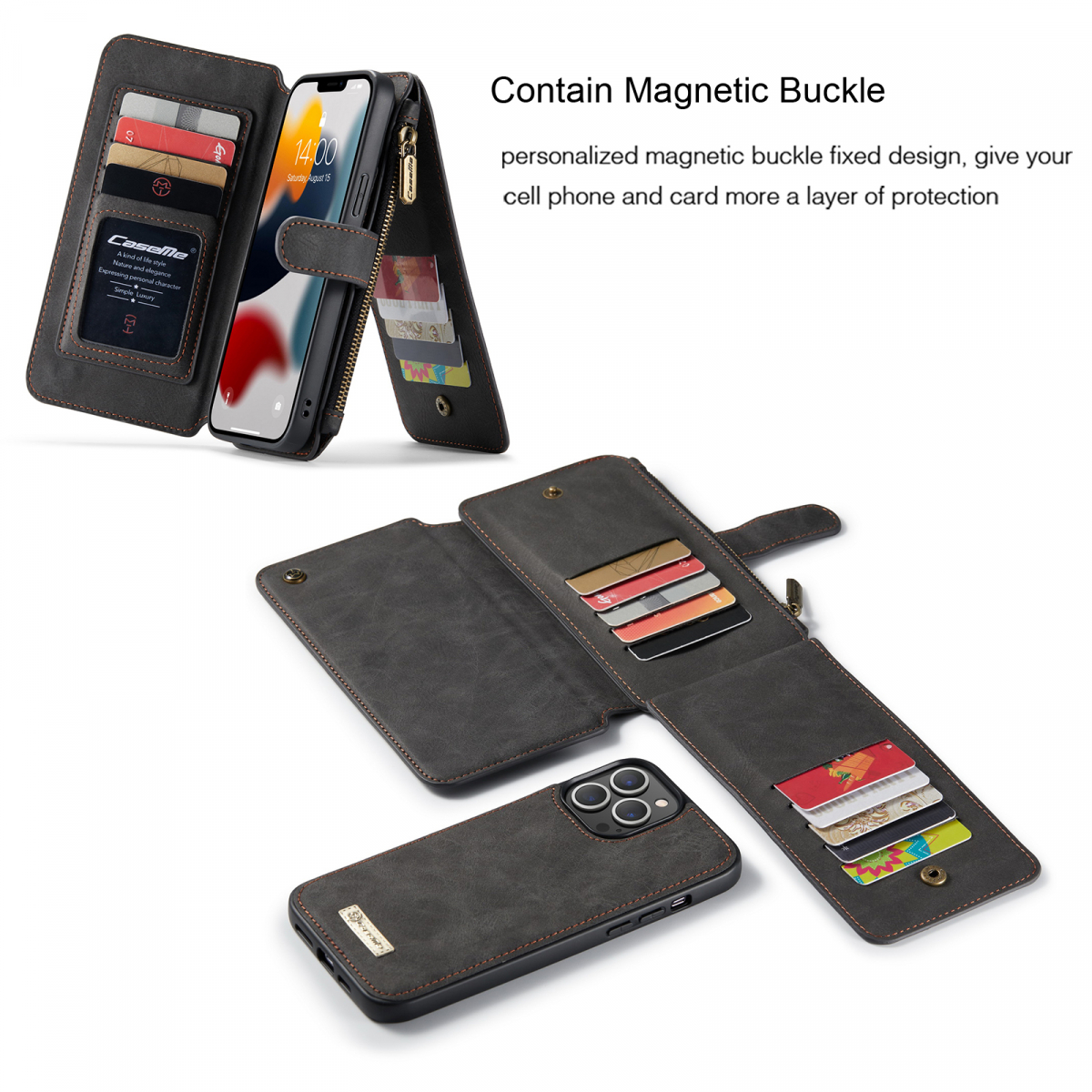 CaseMe läderfodral med magnetskal, iPhone 13 Pro, svart