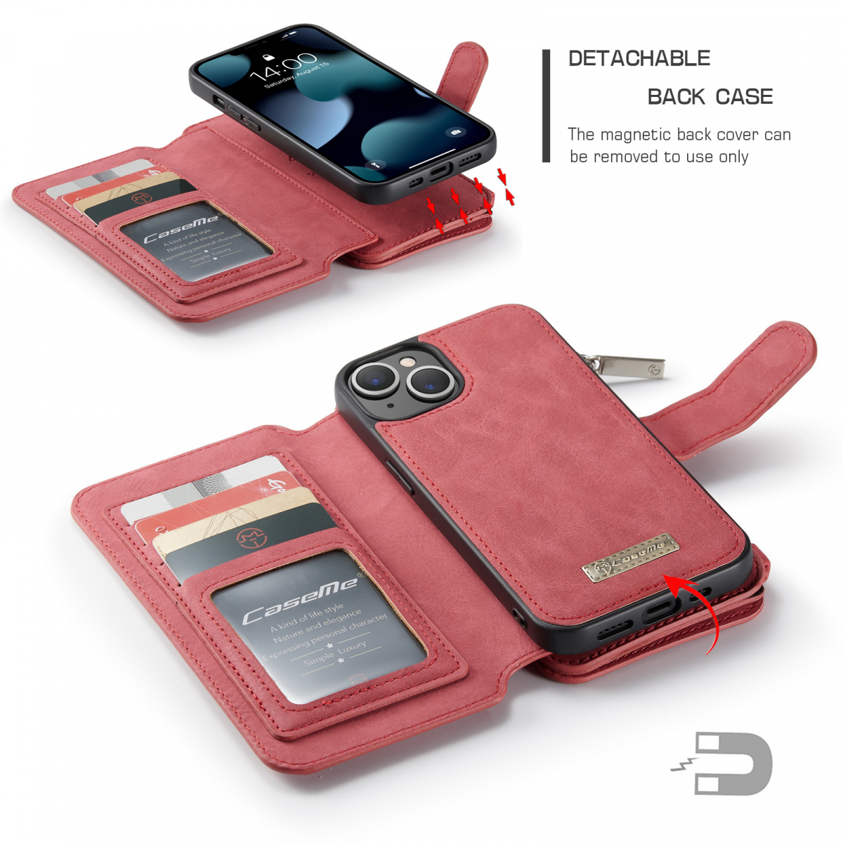 CaseMe läderfodral med magnetskal, iPhone 13, röd