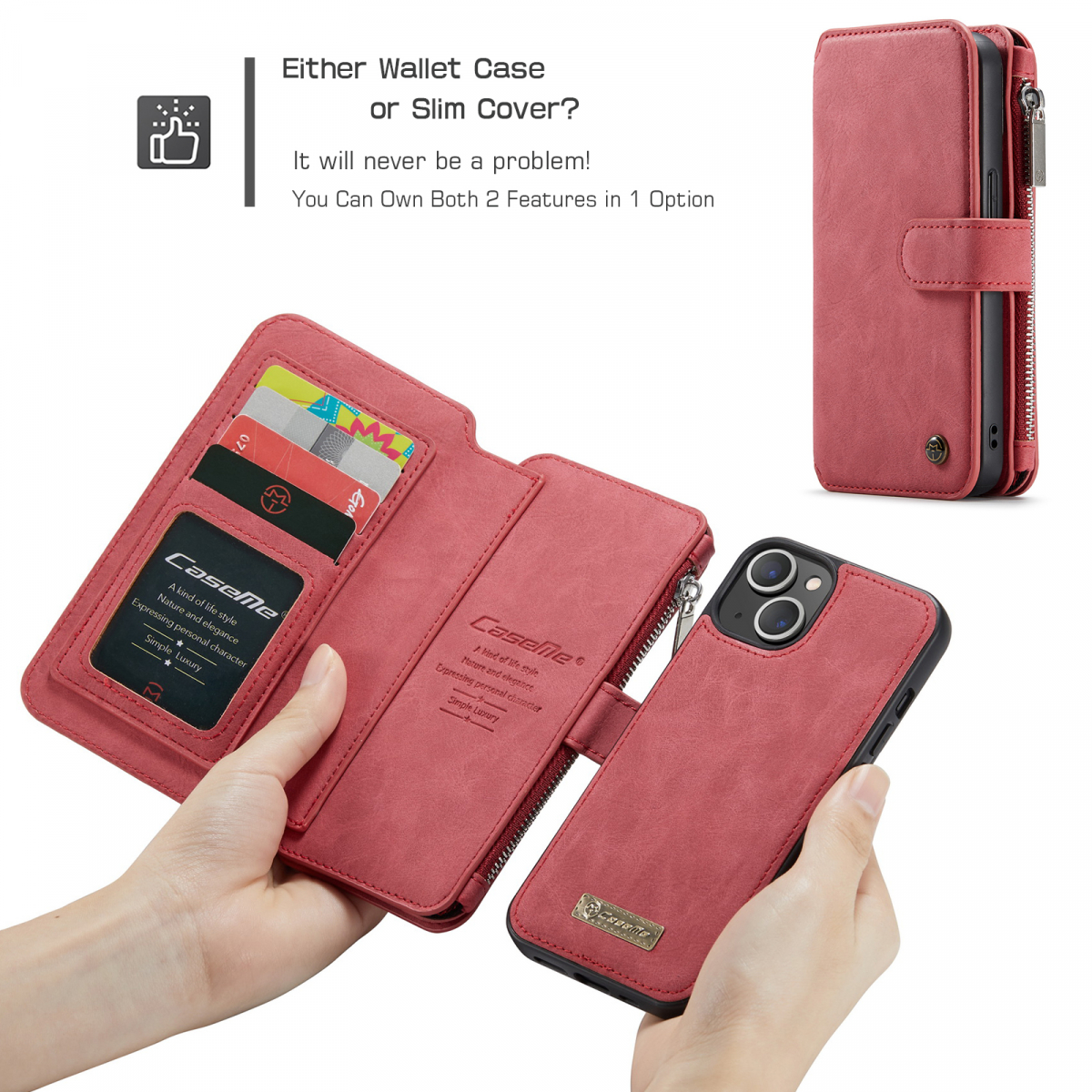 CaseMe läderfodral med magnetskal, iPhone 13, röd