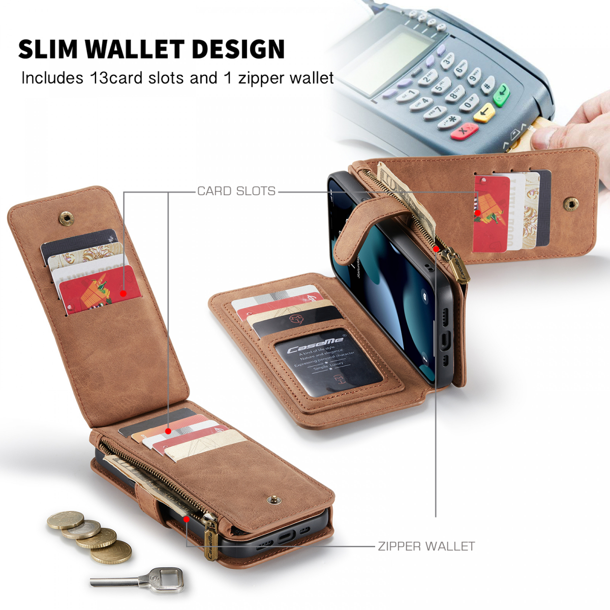 CaseMe läderfodral med magnetskal, iPhone 13 Mini, brun