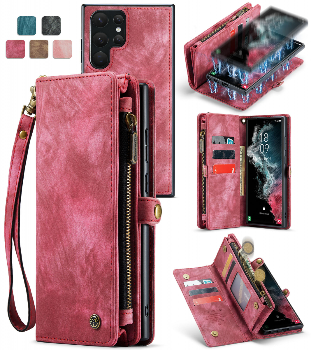 CaseMe 008 Series läderfodral till Samsung S22 Ultra, röd