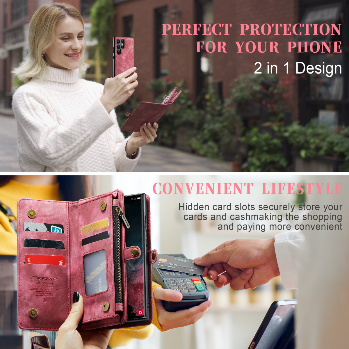 CaseMe 008 Series läderfodral till Samsung S22 Ultra, röd