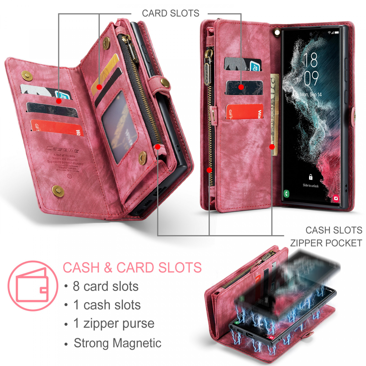 CaseMe 008 Series läderfodral till Samsung S22 Ultra, röd