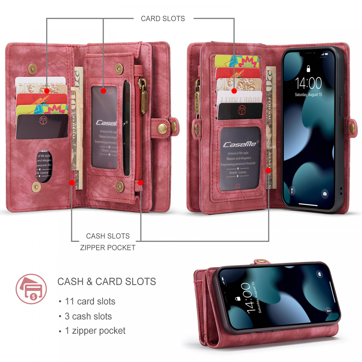 CaseMe 008 Series läderfodral, iPhone 13, röd