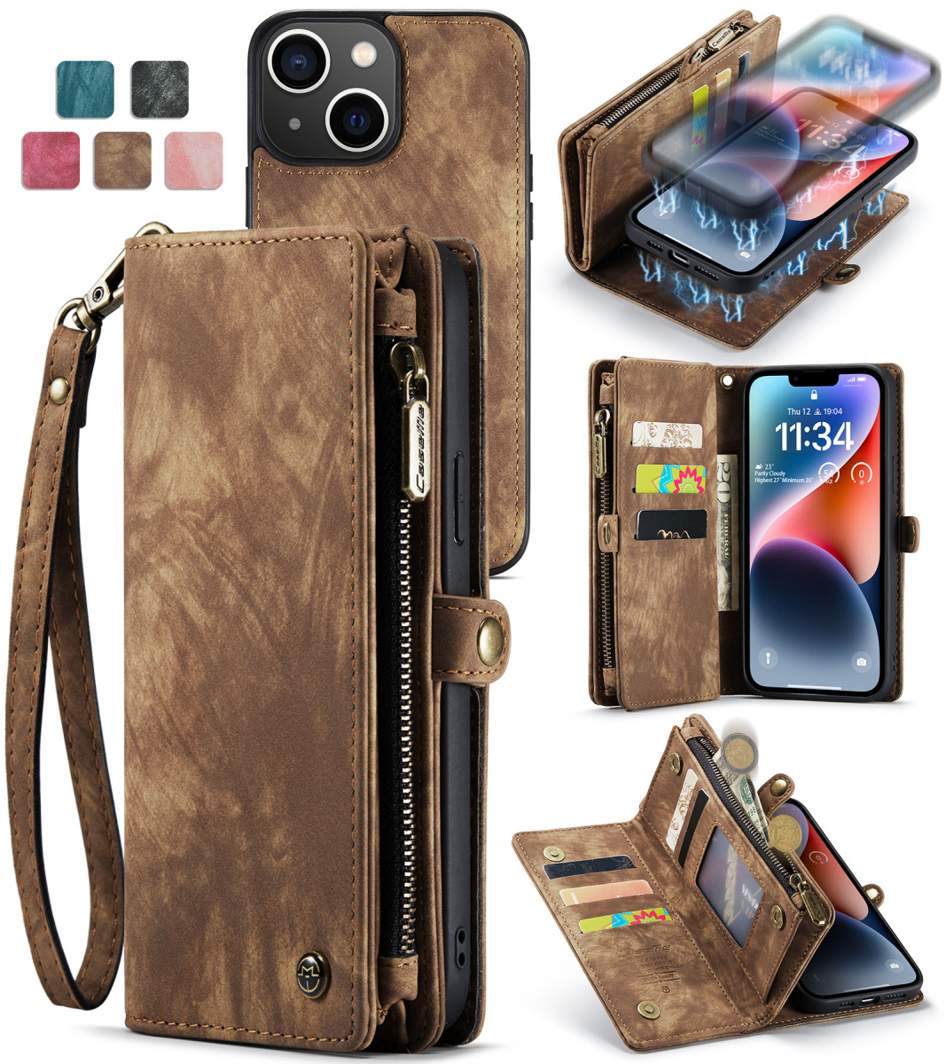 CaseMe 008 Series läderfodral, iPhone 14 Plus, brun