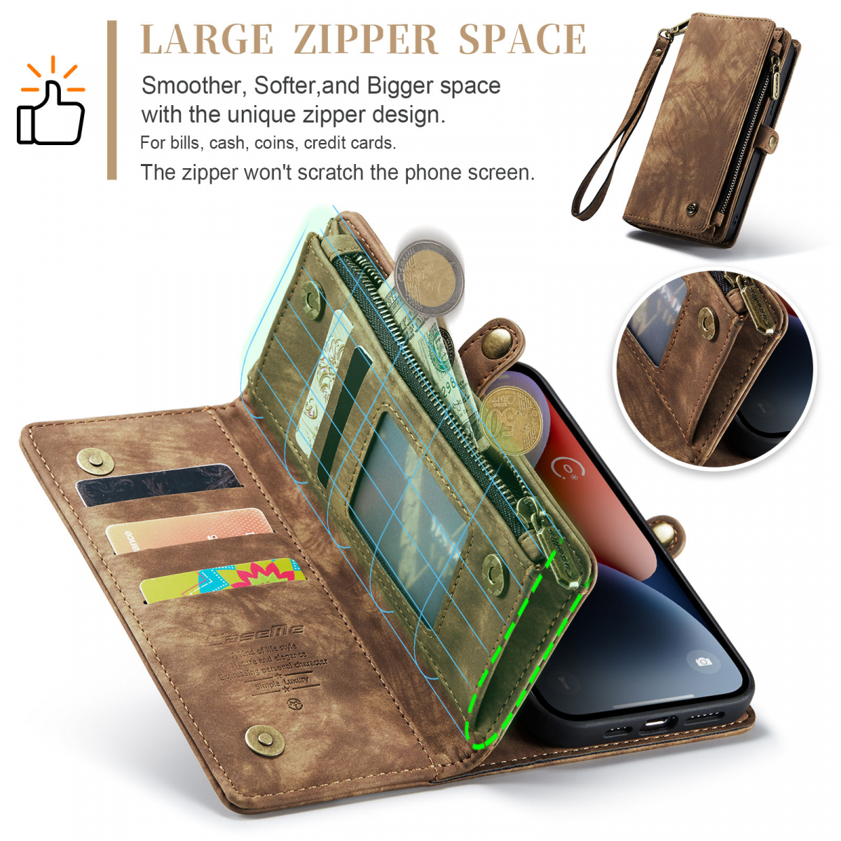 CaseMe 008 Series läderfodral, iPhone 14 Plus, brun