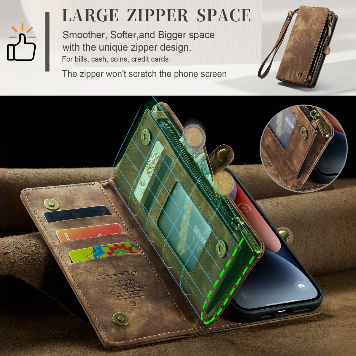 CaseMe 008 Series läderfodral, iPhone 14 Plus, brun