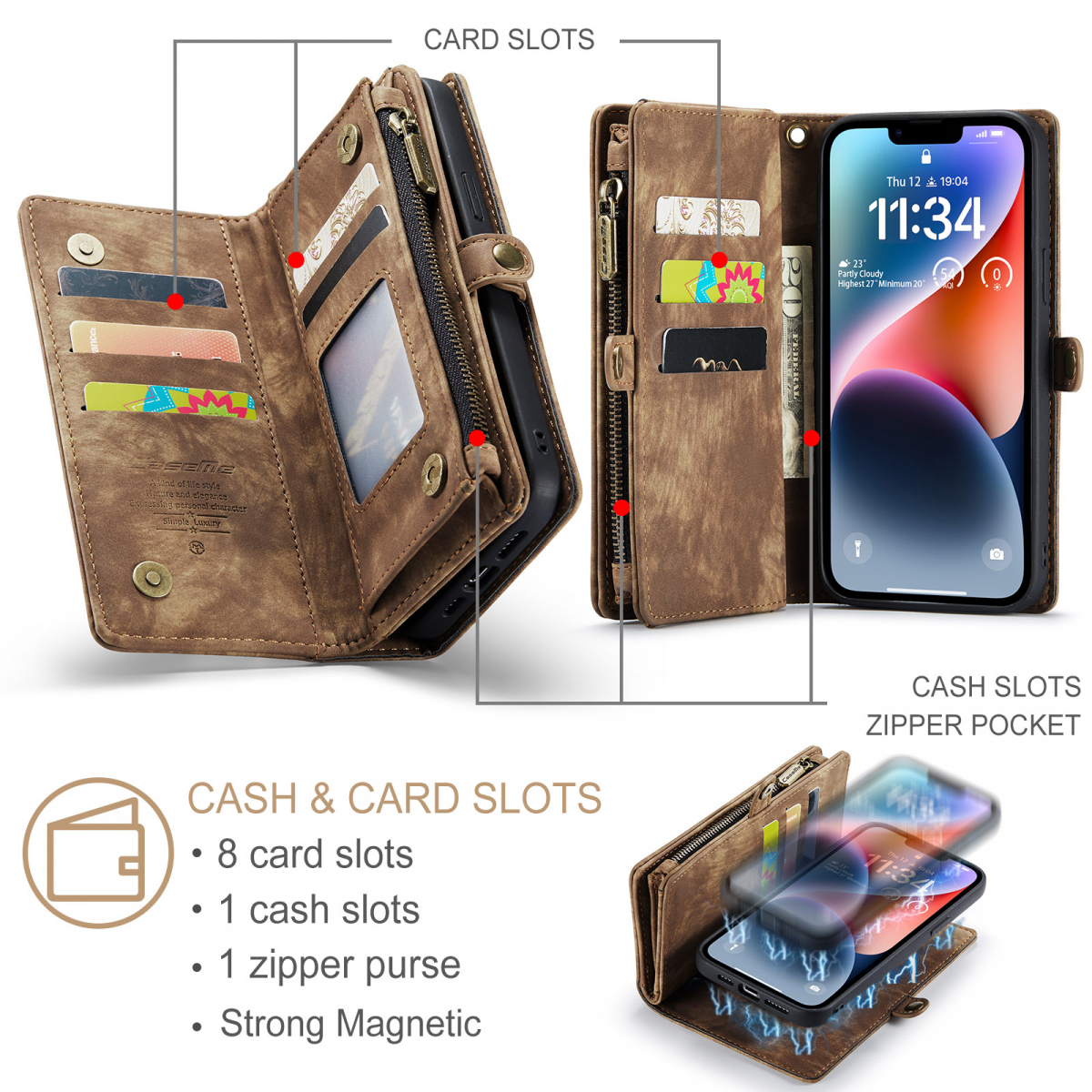 CaseMe 008 Series läderfodral, iPhone 14 Plus, brun