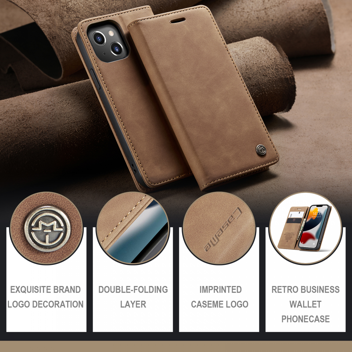 CaseMe 013 Series läderfodral till iPhone 13, brun