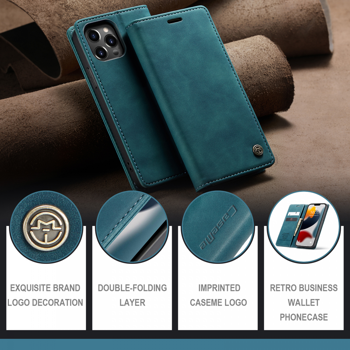 CaseMe 013 Series läderfodral till iPhone 13 Pro, blå