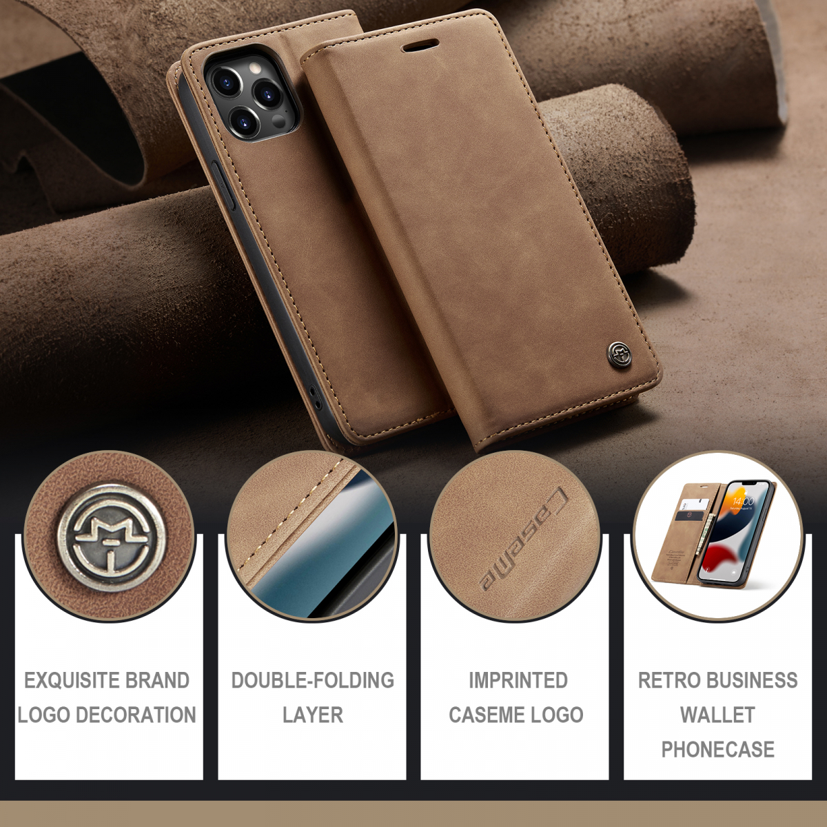 CaseMe 013 Series läderfodral till iPhone 13 Pro, brun