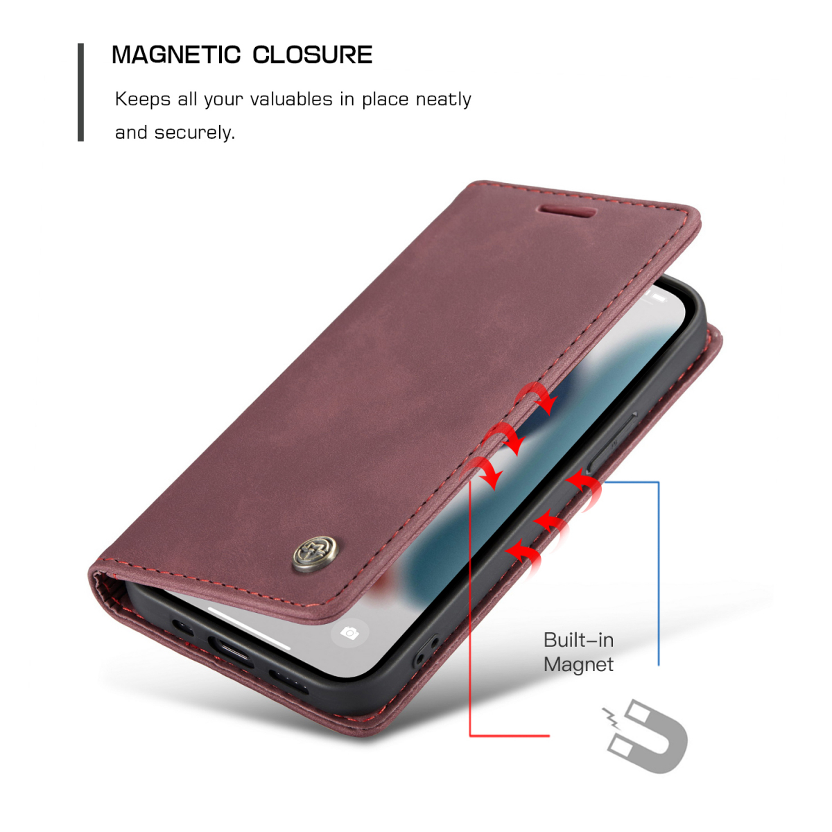 CaseMe 013 Series läderfodral till iPhone 13 Pro Max, röd