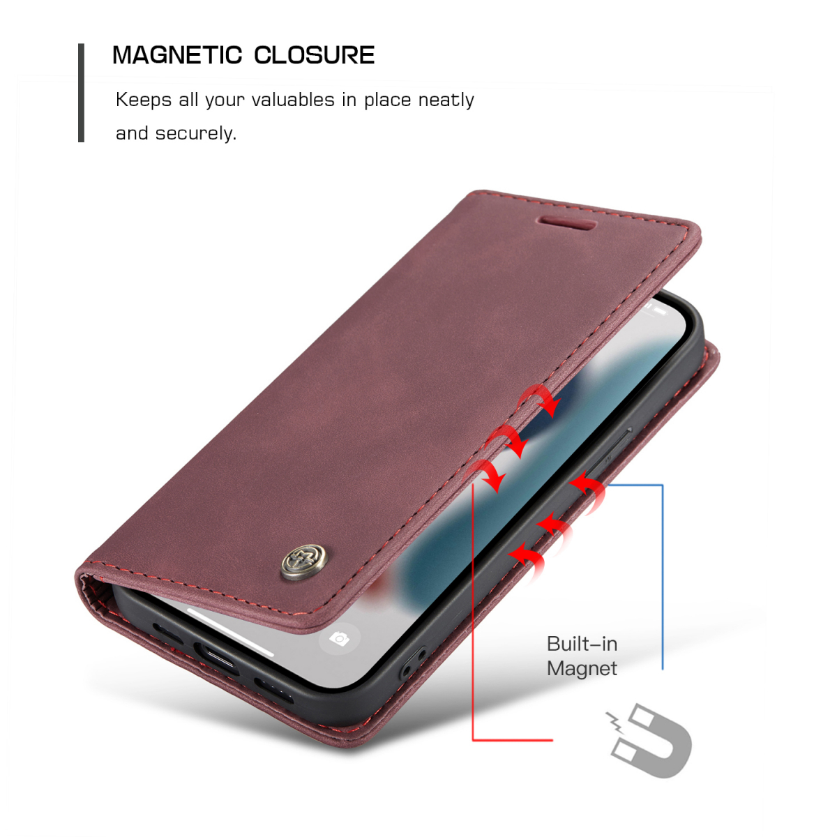 CaseMe 013 Series läderfodral till iPhone 13 Mini, röd