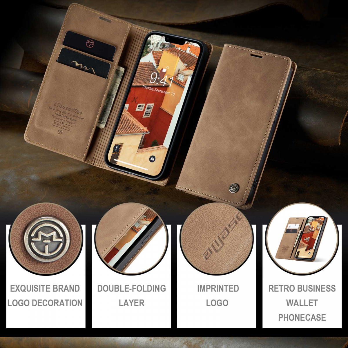 CaseMe 013 Series läderfodral till iPhone 14, brun