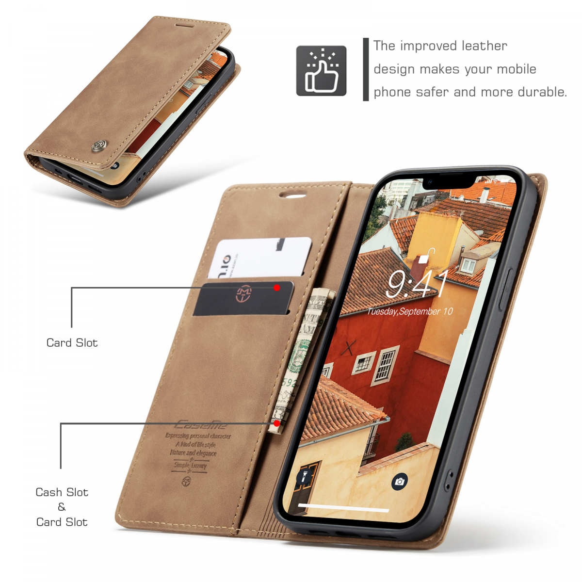 CaseMe 013 Series läderfodral till iPhone 14, brun