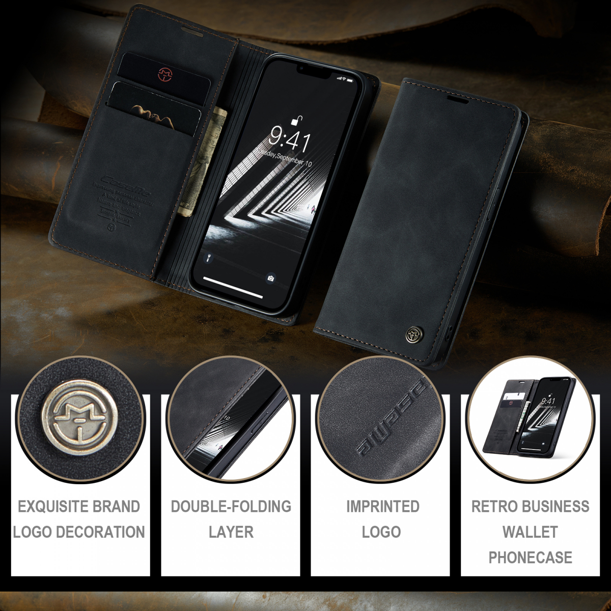 CaseMe 013 Series läderfodral till iPhone 14 Pro Max, svart