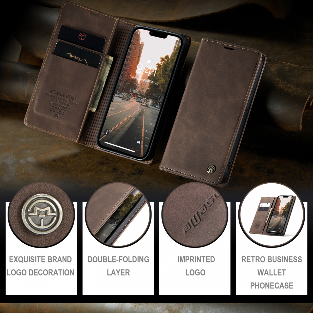 CaseMe 013 Series läderfodral till iPhone 14 Pro Max, mörkbrun
