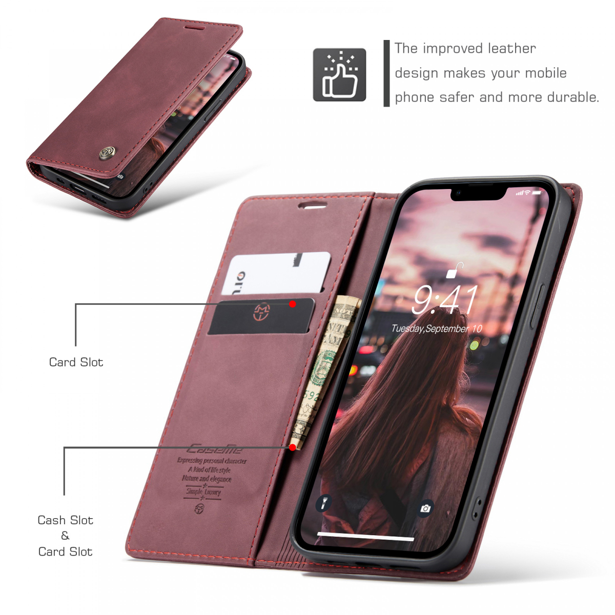 CaseMe 013 Series läderfodral till iPhone 14 Pro Max, röd