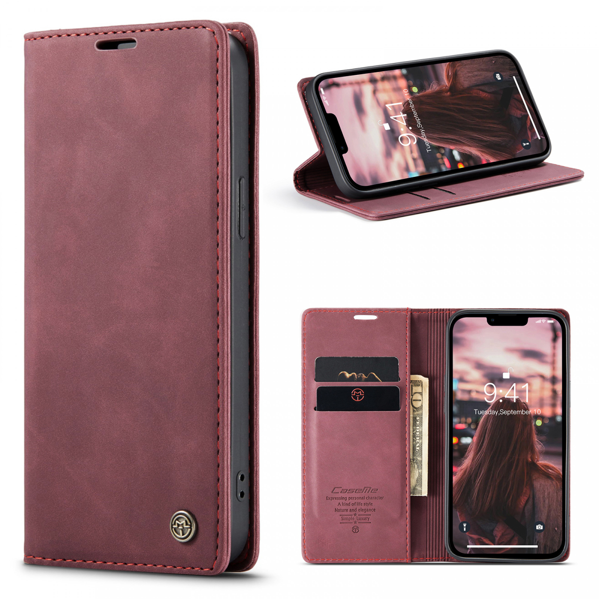 CaseMe 013 Series läderfodral till iPhone 14 Pro Max, röd