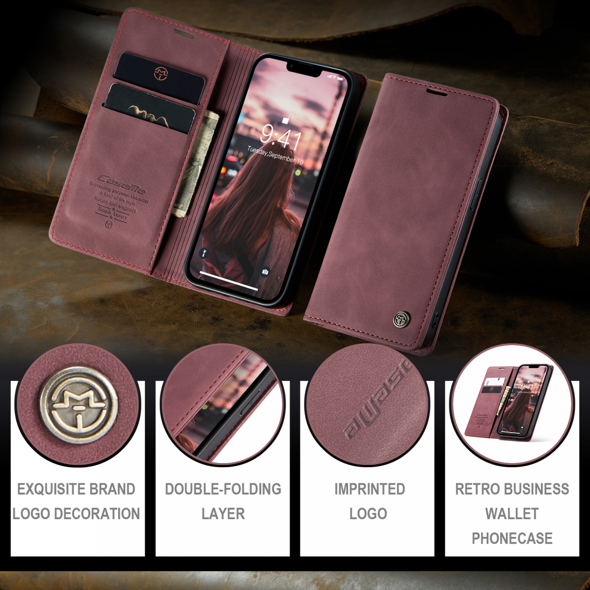CaseMe 013 Series läderfodral till iPhone 14 Pro Max, röd