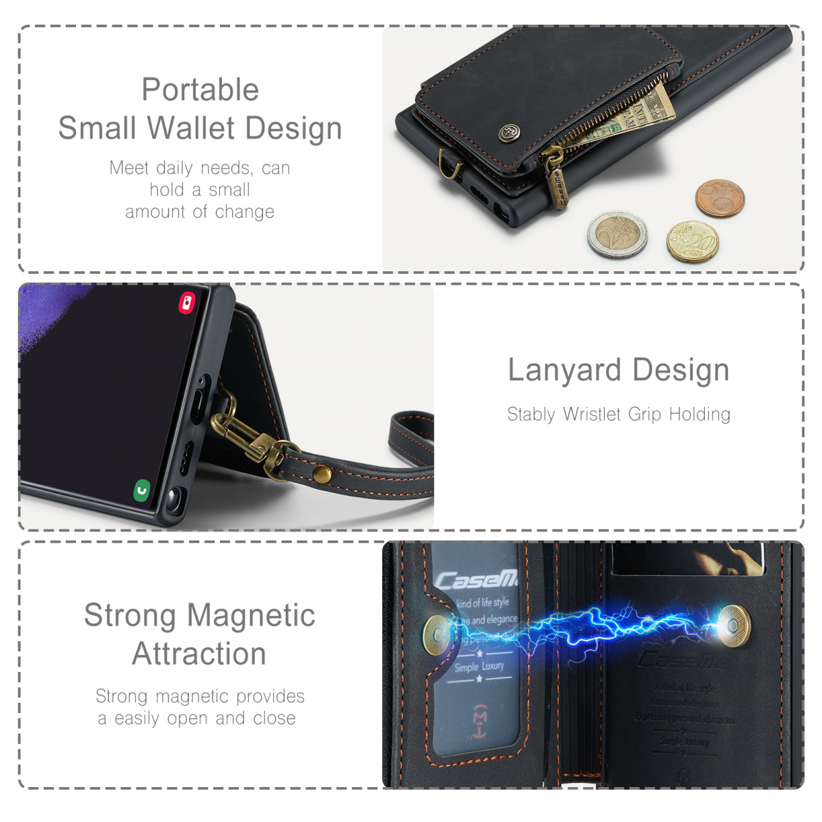 CaseMe C20 Series läderfodral till Samsung S22 Ultra, svart