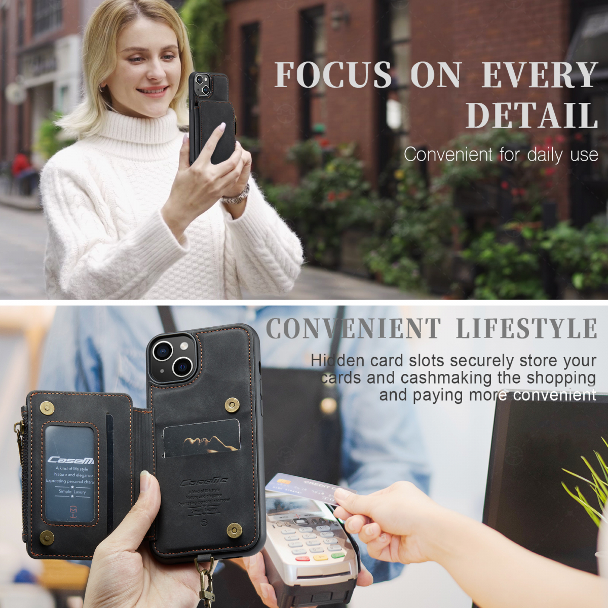 CaseMe C20 Series läderfodral till iPhone 15 Plus, svart
