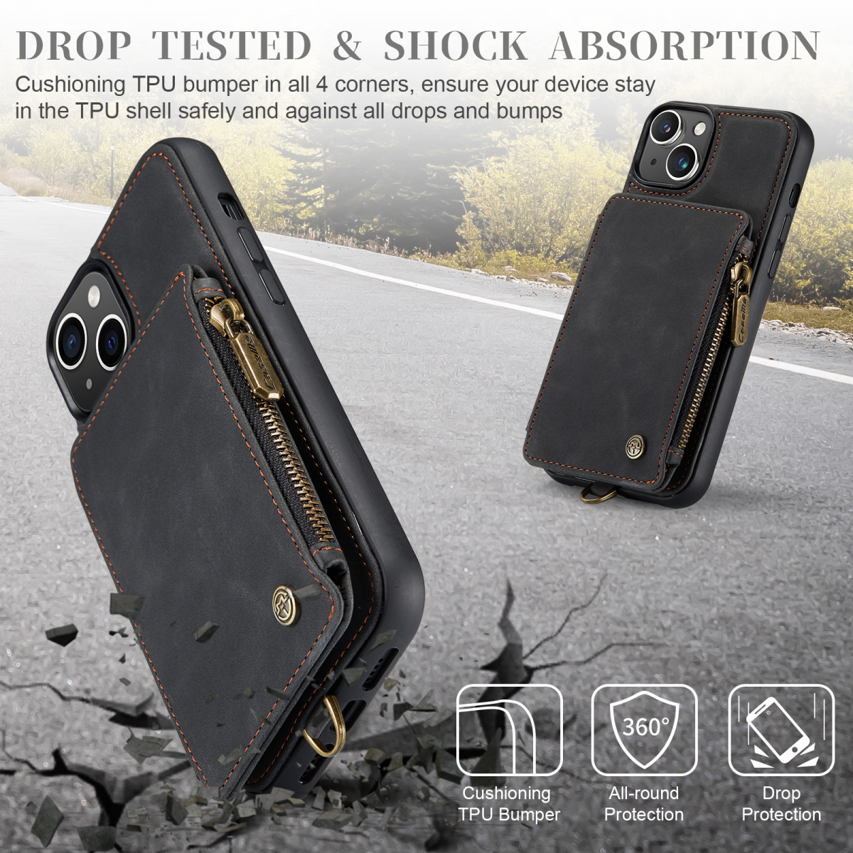CaseMe C20 Series läderfodral till iPhone 15 Plus, svart