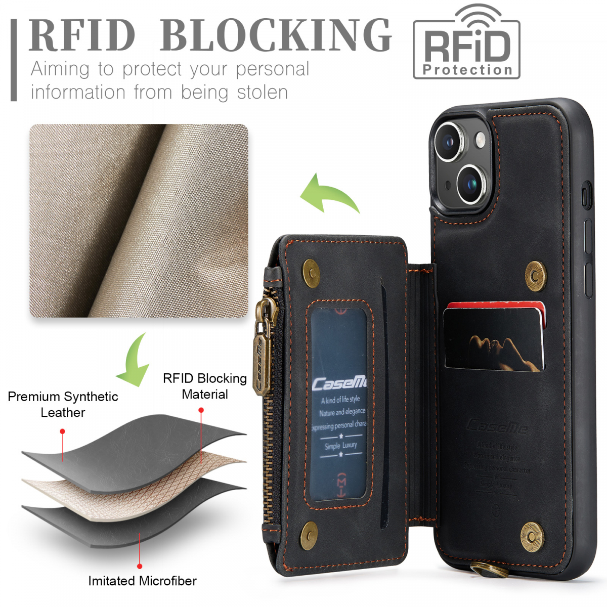CaseMe C20 Series läderfodral till iPhone 15 Plus, svart