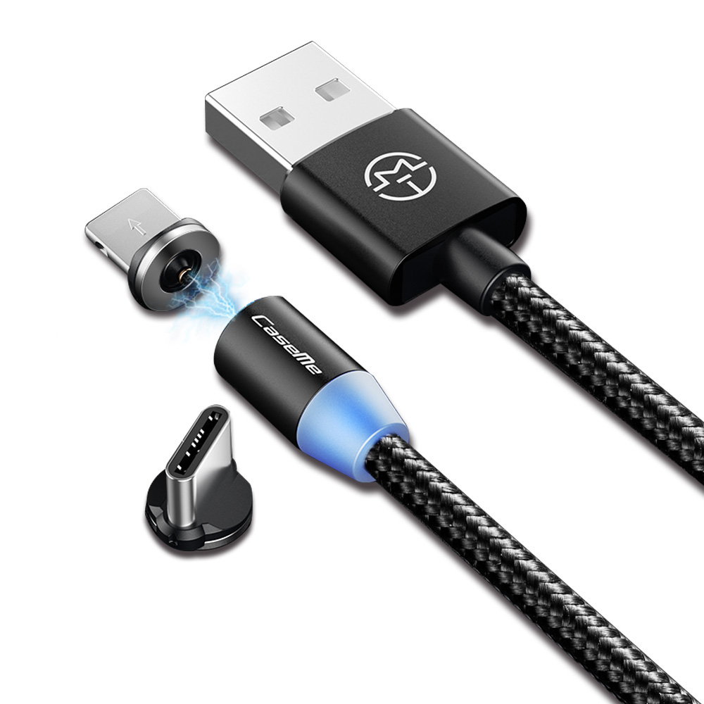 CaseMe Magnetisk kabel med Lightning+USB-C, 2.4A, 1m, svart