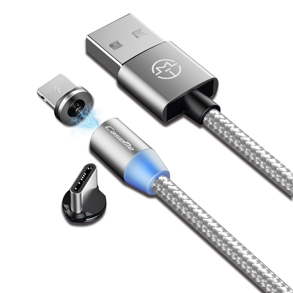 CaseMe Magnetisk kabel med Lightning+USB-C, 2.4A, 1m, silver