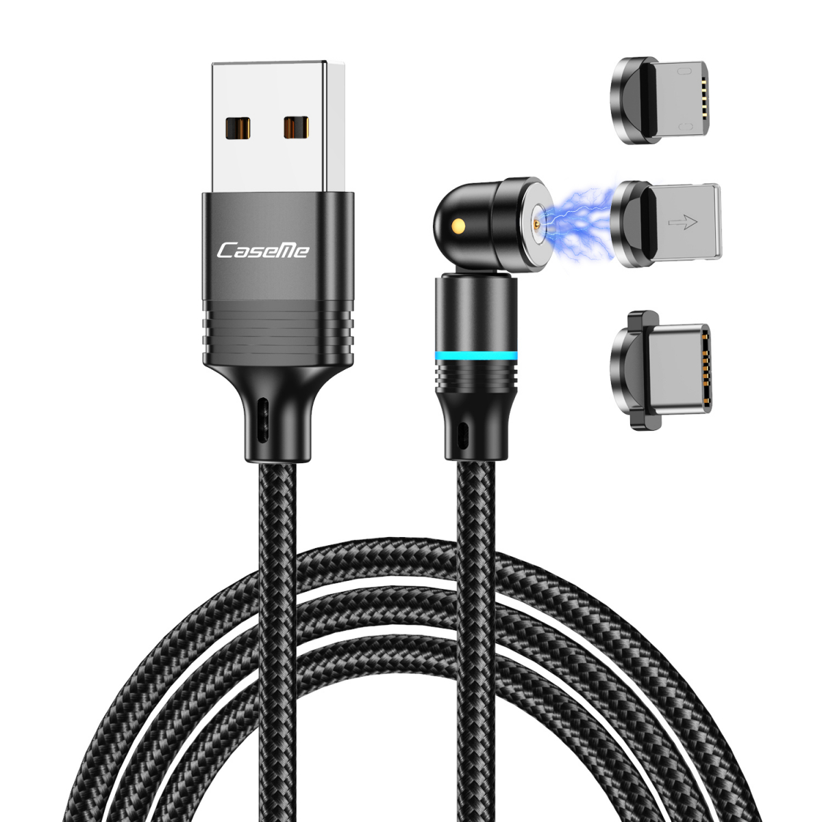 CaseMe Magnetisk kabel, MicroUSB+Lightning+USB-C, 2.4A, svart