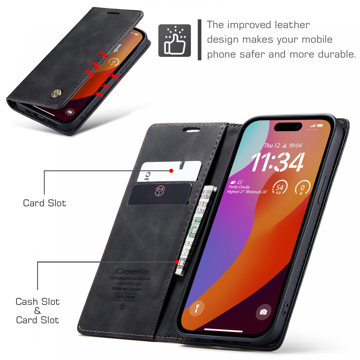 CaseMe plånboksfodral, iPhone 15 Pro Max, svart