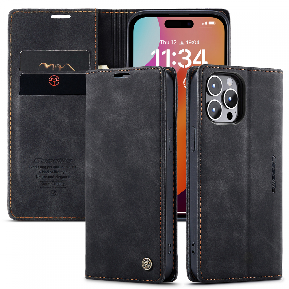 CaseMe plånboksfodral, iPhone 15 Pro, svart