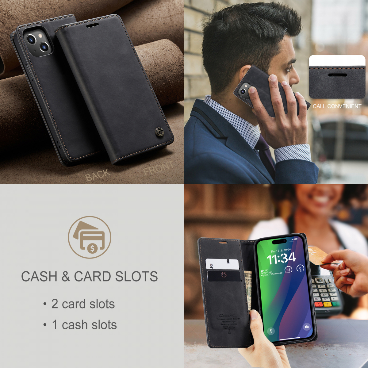 CaseMe plånboksfodral, iPhone 15, svart