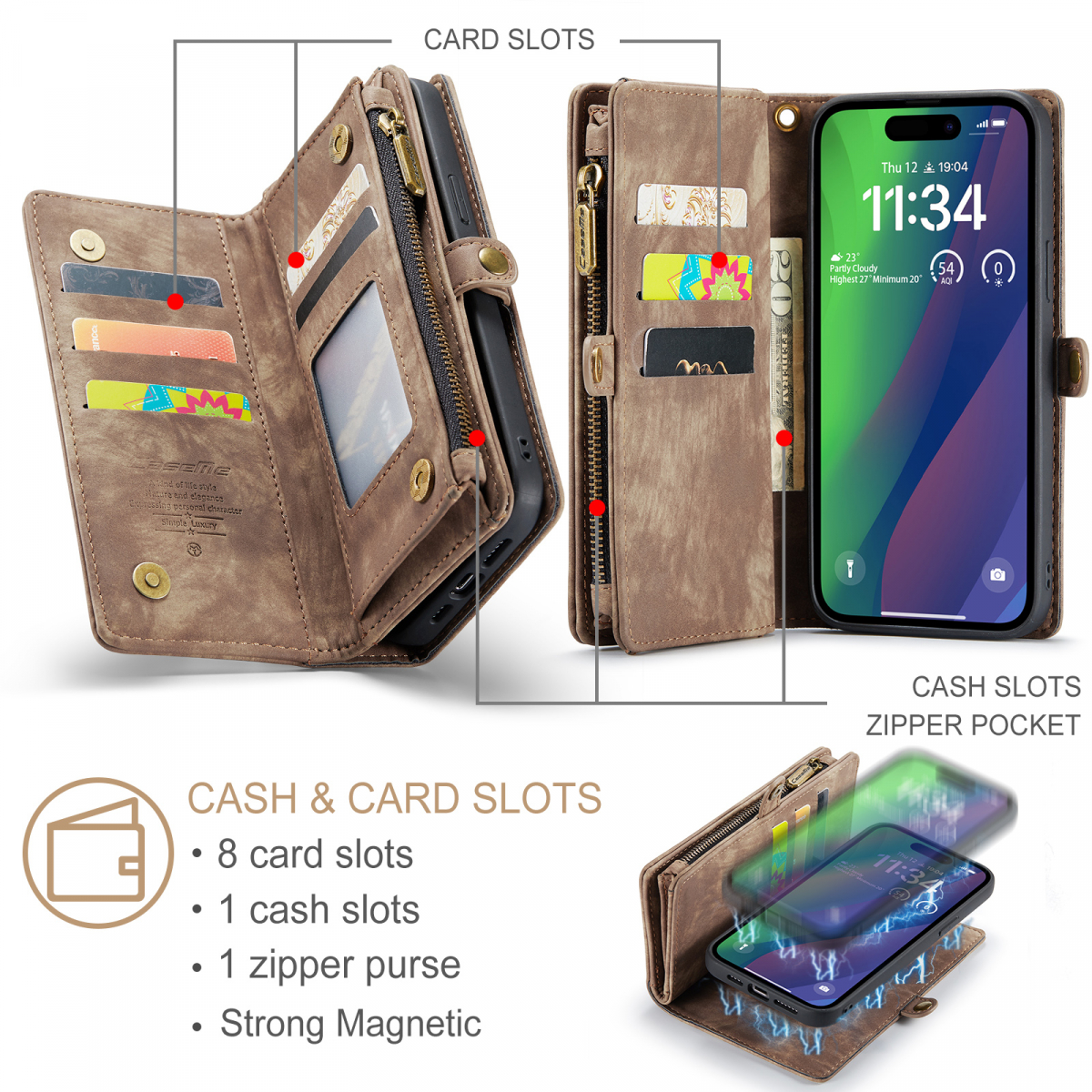 CaseMe plånboksfodral med magnetskal, iPhone 15 Plus, brun