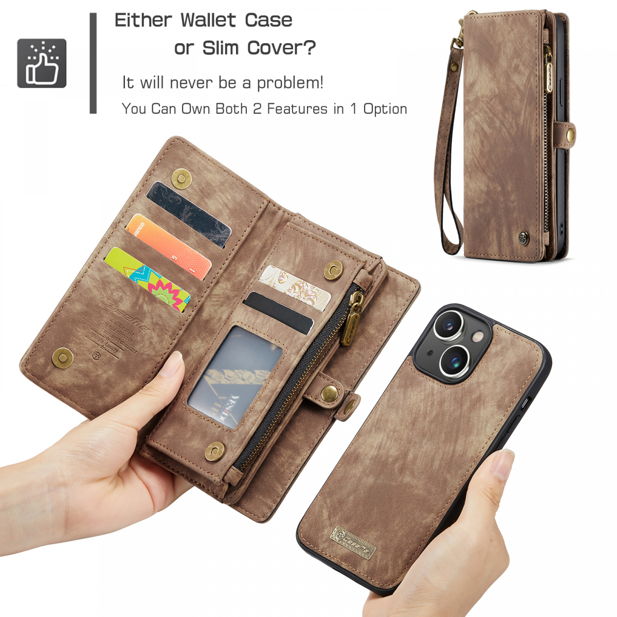 CaseMe plånboksfodral med magnetskal, iPhone 15 Plus, brun