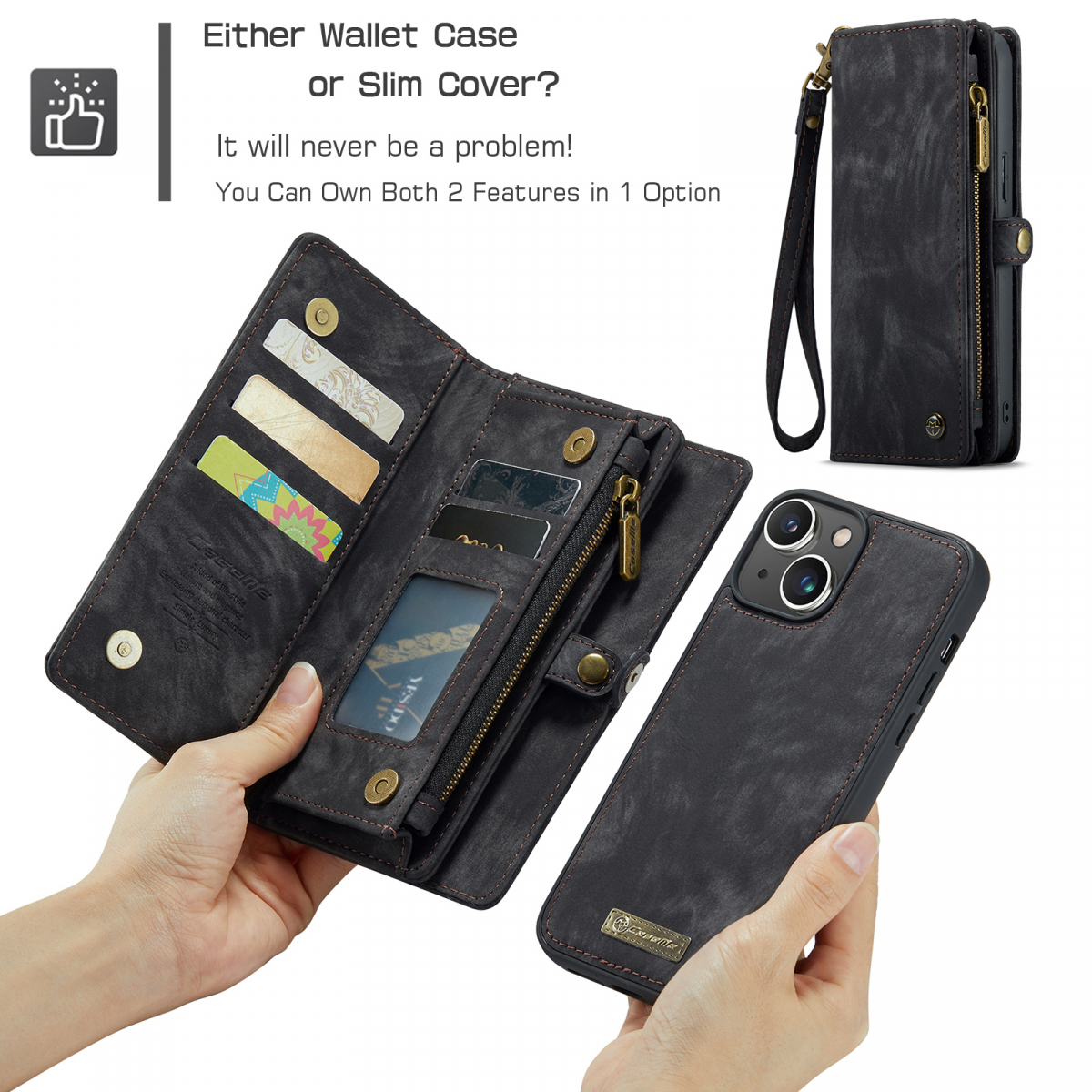 CaseMe plånboksfodral med magnetskal, iPhone 15 Plus, svart