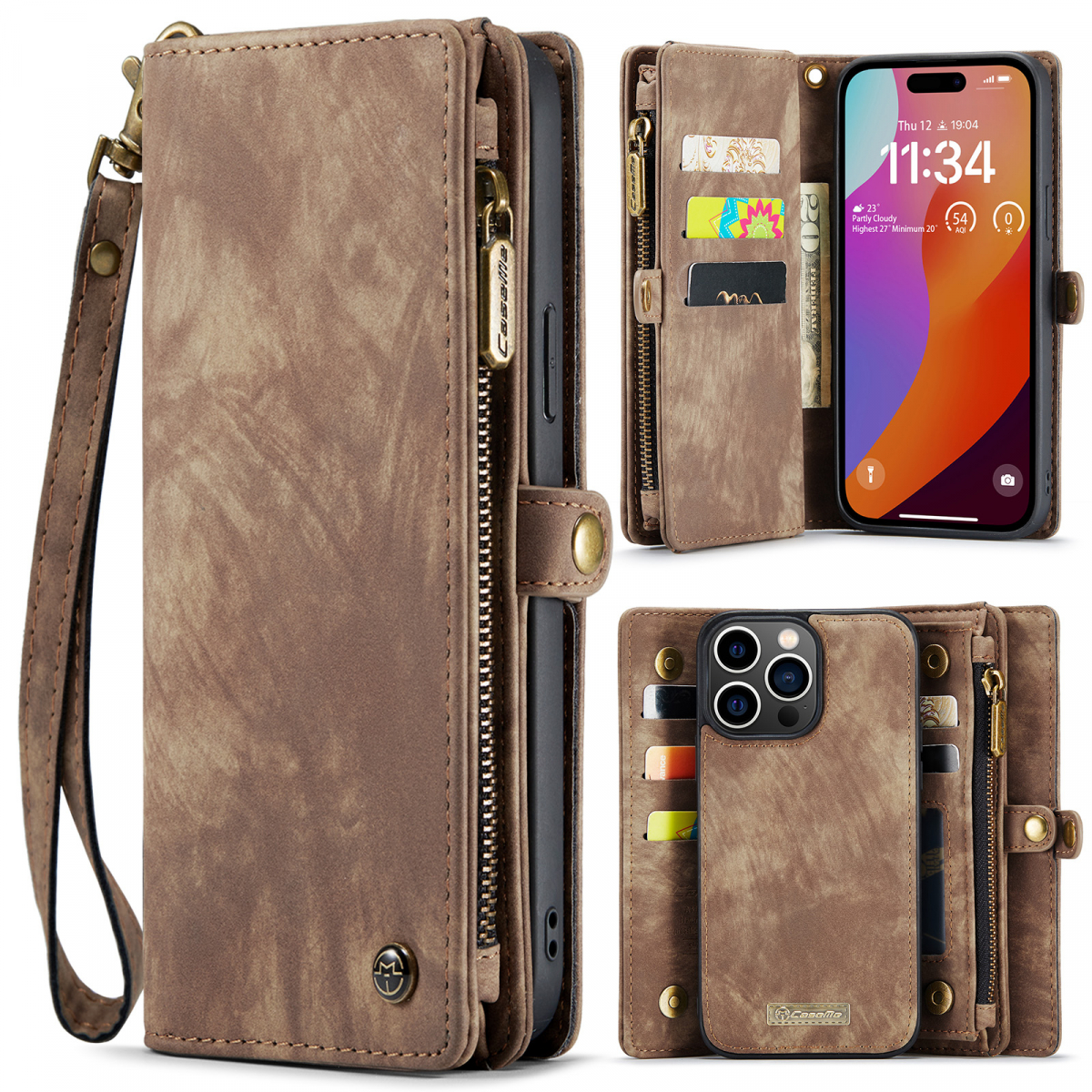 CaseMe plånboksfodral med magnetskal, iPhone 15 Pro, brun