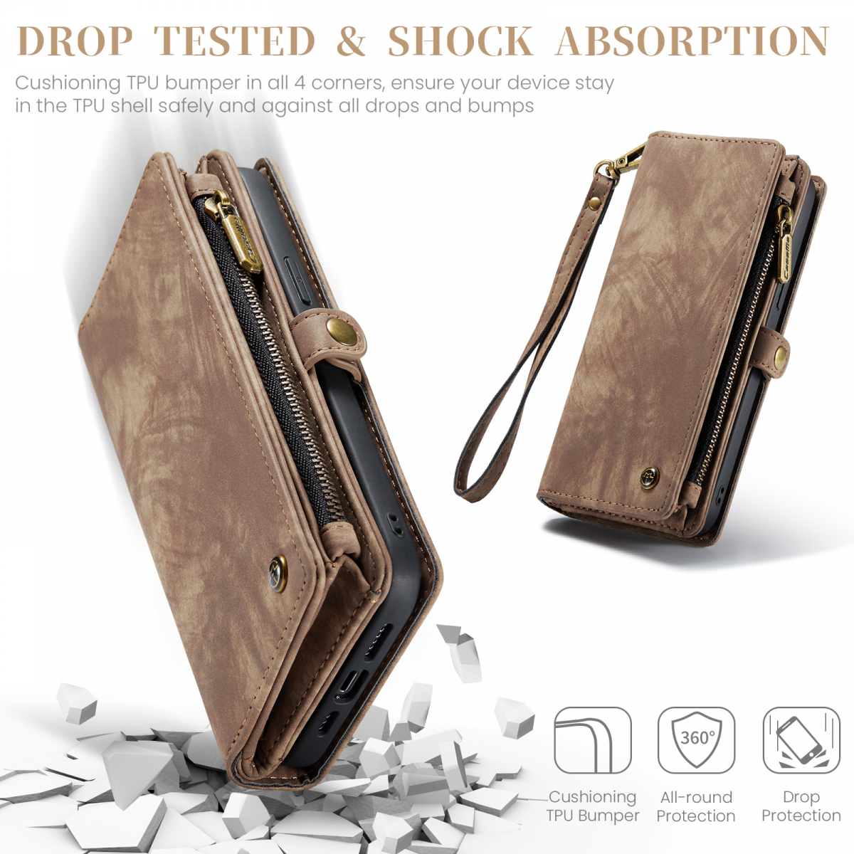 CaseMe plånboksfodral med magnetskal, iPhone 15, brun