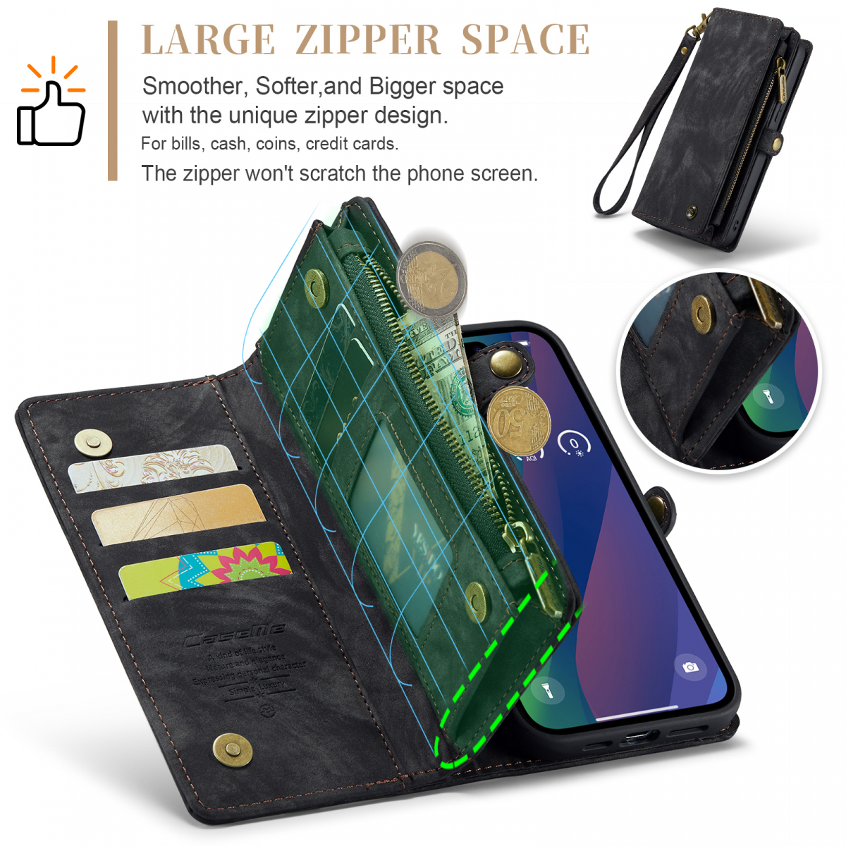 CaseMe plånboksfodral med magnetskal, iPhone 15, svart
