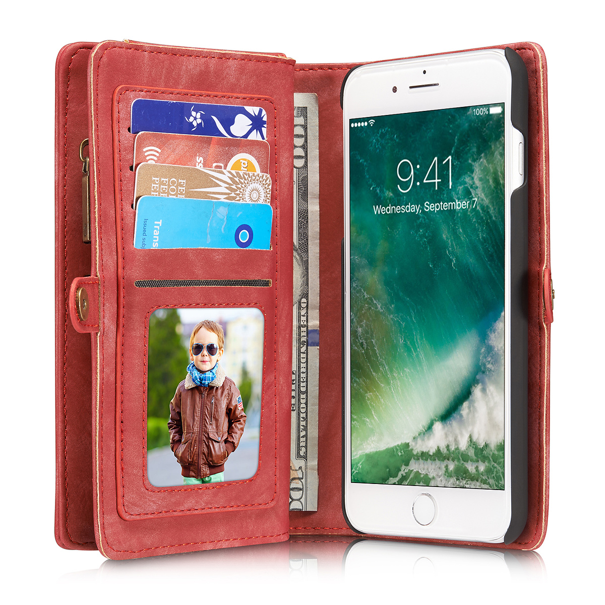 CaseMe plånboksfodral med magnetskal, iPhone 7/8 Plus, röd
