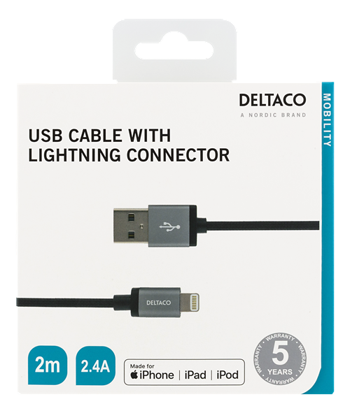 Deltaco Tygklädd Lightning-kabel, MFi, 2.4A, 2m, svart
