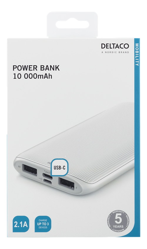 Deltaco Powerbank, 2.1A, USB-C, 10 000mAh, vit