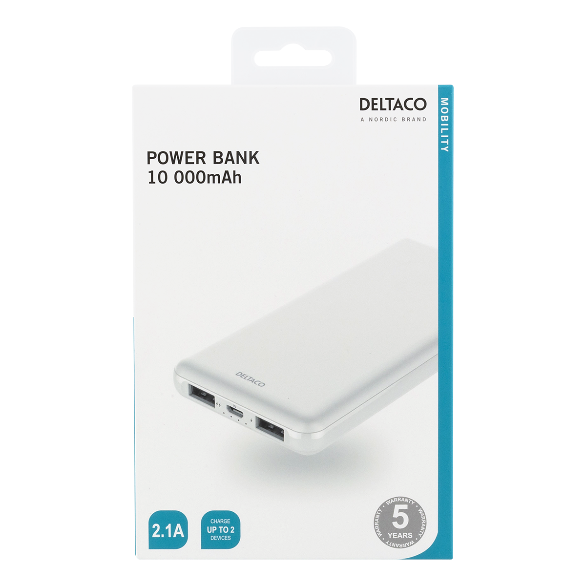 Deltaco 10.000 mAh Powerbank, 2xUSB-A,  LED-indikator, vit